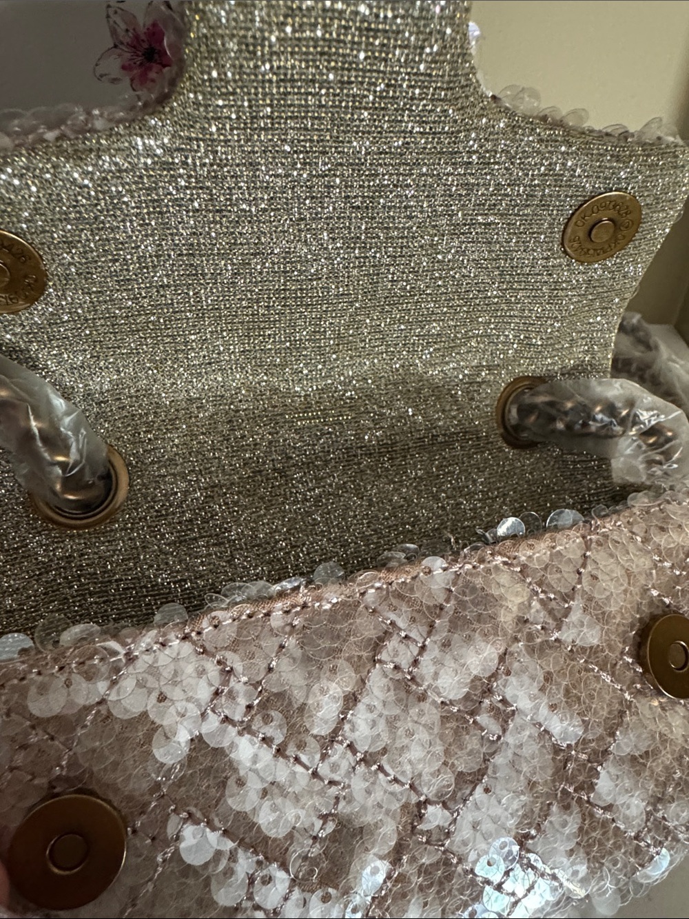 Kurt Geiger Champagne Sequin Nano Bag with Gold Tone Clasp NWT - Picture 6 of 7